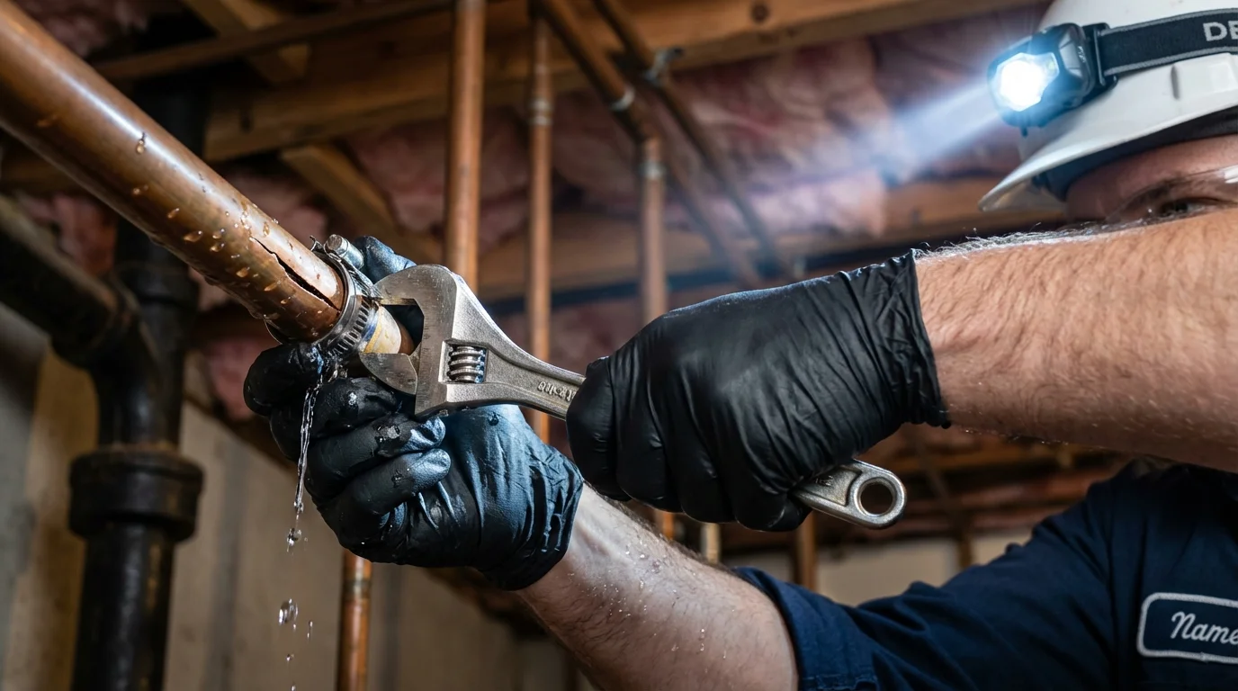 Emergency pipe clamp repair being performed by a Johns Plumbing LLC plumber in Greensboro