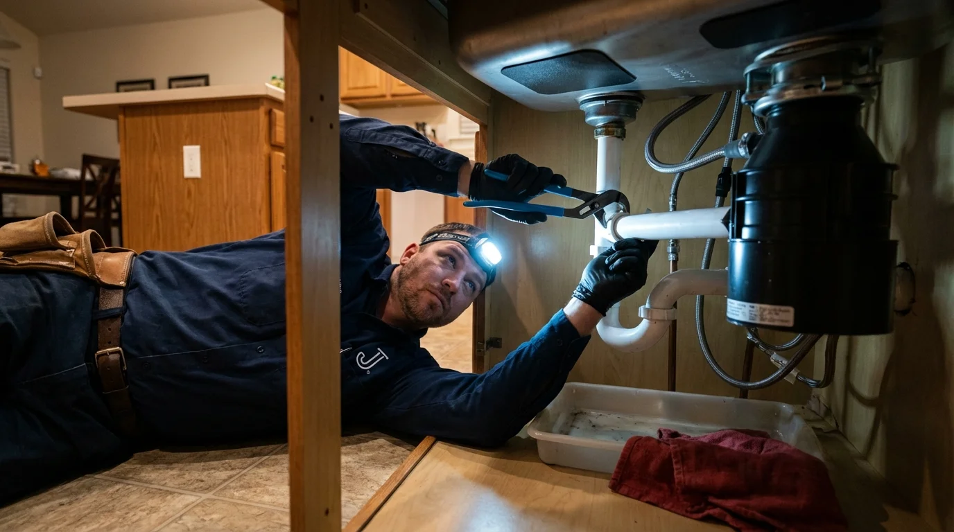 P-trap and supply line connections under a kitchen sink showing a common leak point in Greensboro, NC
